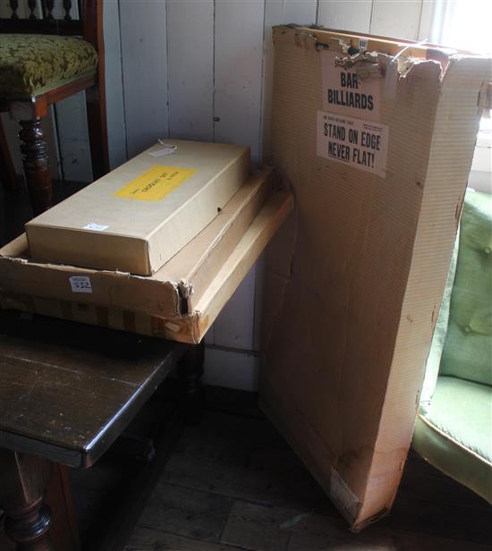 Joe Davis 1/4-size billiard table in original box with accessories, two bagatelle boards & an Escor Junior Croquet set, boxed